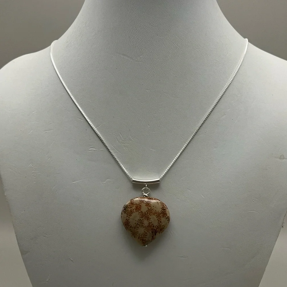 Heart-Shaped Brown Fossil Coral Stone Necklace with Sterling Silver Chain - Picture 2 of 5